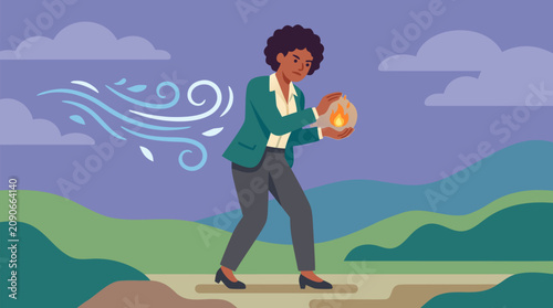 Businesswoman shielding a tiny glowing spark from swirling wind in open landscape, resilience, innovation, leadership courage, fragile idea protection against adversity vector illustration
