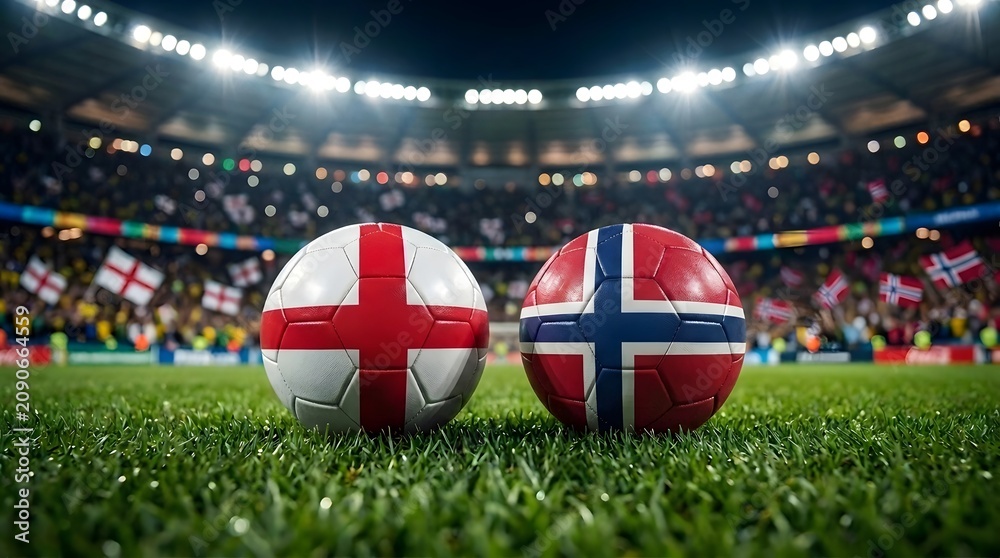 Obraz premium England and Norway soccer balls on stadium grass with fans in background.