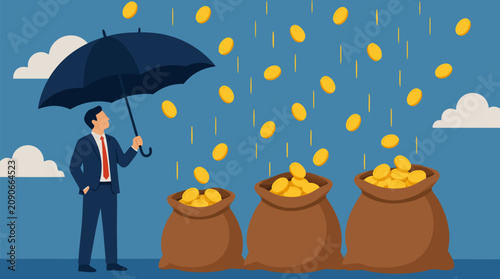 Confident executive holding a dark umbrella while golden coins rain into open money bags, bold vector concept for profit protection, passive income, windfall gains, investment success and abundance