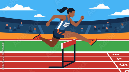 Powerful female hurdler leaping over track barrier in stadium, dynamic sprint stride, red lanes, competition energy and athletic determination for fitness training and race promotion vector