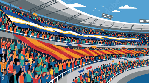 Massive stadium crowd of passionate supporters waving sweeping red, gold and blue banners across grandstands, celebrating team spirit, unity, fan culture and championship energy together