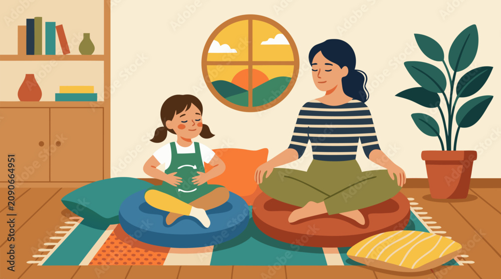 Naklejka premium Mother and Daughter Practicing Deep Breathing Meditation Together on Floor Cushions, Mindfulness Wellness Activity, Cozy Home Interior with Plants and Books, Mental Health, Calm Family Bonding Concept