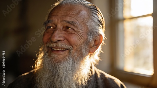 An elderly man with a long white beard smiles warmly as golden sunlight streams through a nearby window, illuminating his face for healthcare and senior living communications.