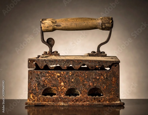 Rusty Antique Charcoal Iron Resting on Table Against Neutral Background