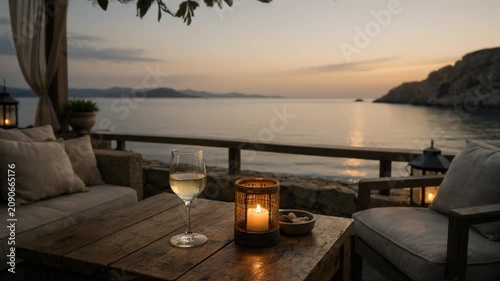 Elegant seaside terrace with wine and candlelight at sunset, offering a peaceful luxury dining atmosphere overlooking calm coastal waters and distant mountains.