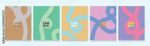 Summer horizontal abstract background with bright pink hand drawn lines on green. Retro 70s style summer poster template with organic shapes. Modern art minimalist style design template for sales