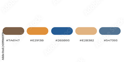Harmonious color palette ideal for warm, inviting designs. deep blue, warm orange, muted brown, soft peach, cool gray-blue.  275.