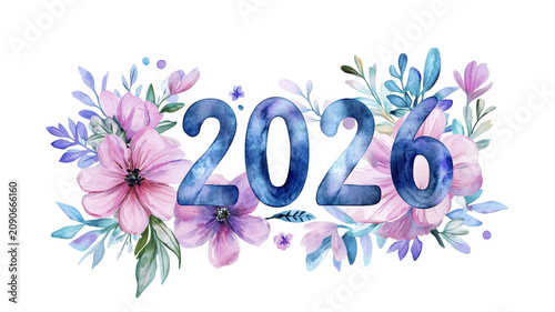 Watercolor floral 2026 design with pink and blue flowers for new year celebrations