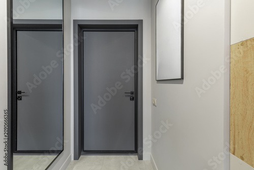 Modern Minimalist Hallway with Dark Grey Door and Tall Mirror