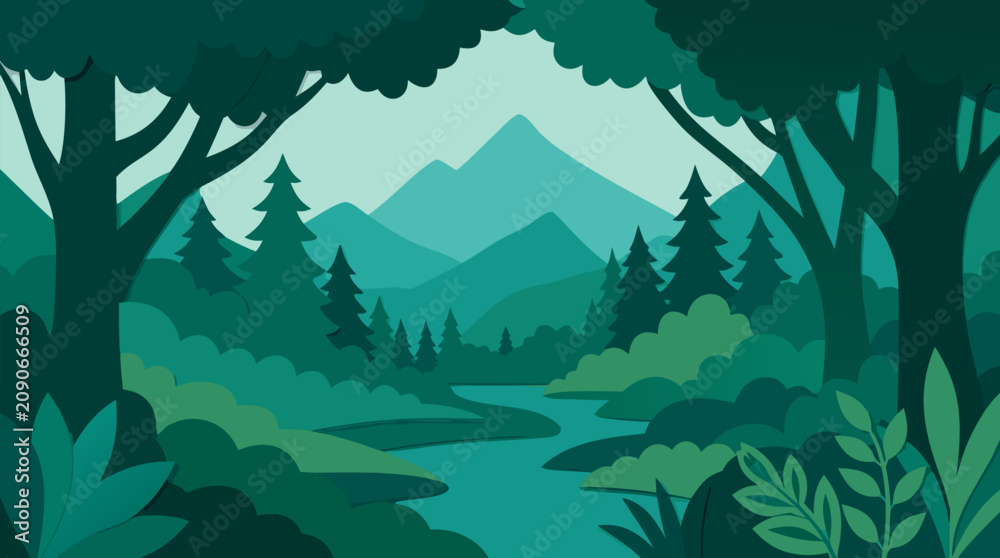 Obraz premium Layered paper cut forest landscape in deep teal and emerald tones, with winding river, pine silhouettes, lush foliage and distant mountains, serene nature scene for eco travel poster design