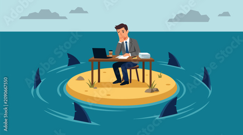 Stressed businessman sitting alone at a tiny island desk surrounded by circling sharks, laptop and paperwork, sharp vector metaphor for risk, crisis, isolation and corporate pressure