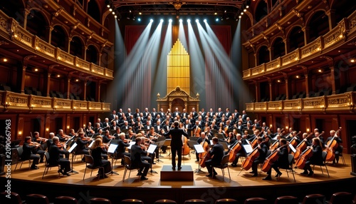 A large orchestra is performing on a grand stage in a historic concert hall with multiple tiers of ornate balconies