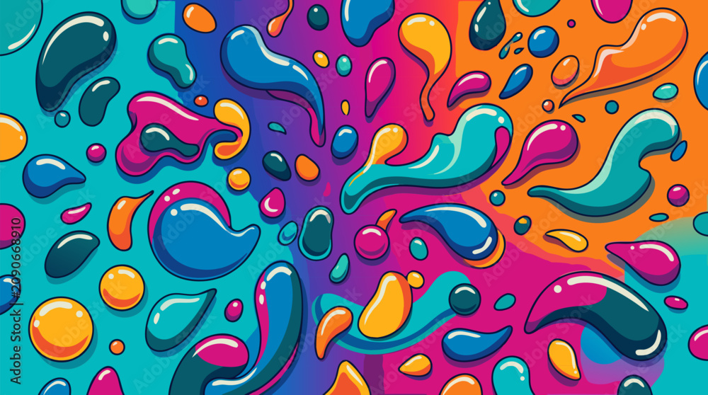 Fototapeta premium Vibrant abstract background with glossy liquid drop shapes, colorful fluid blobs and organic splatters on smooth rainbow gradient surface, modern playful vector design