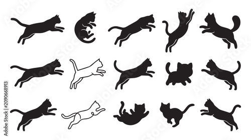 Photography Set of jumping and running cat silhouettes in various poses with silhouette coll