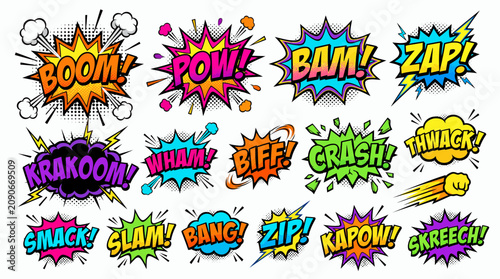 Canvastavla Colorful comic speech bubbles with explosion sound effects like BOOM and POW in