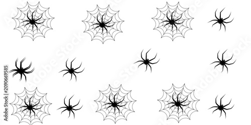Schilderij op canvas Collection of black widow spiders and webs in various poses Vector, illustration