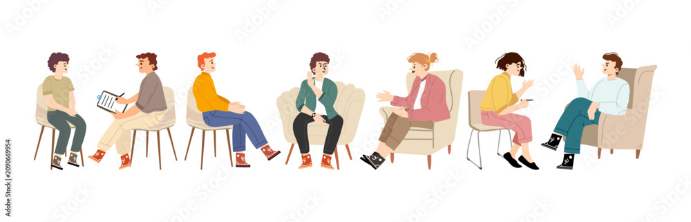 Fototapeta premium Psychological counseling group therapy session with patients and therapist vector illustration