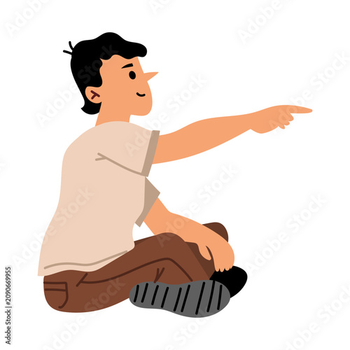 Side view of boy sitting cross legged pointing hand flat vector