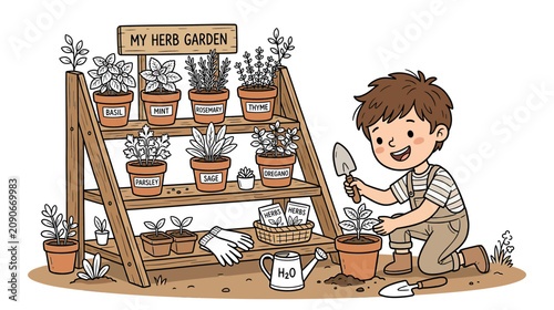 Boy planting herbs in garden, illustration