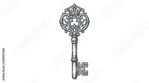 Ornate Antique Skeleton Key with Crown Detail - Vintage Drawing
