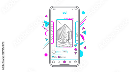 Modern Building Design on Smartphone Screen, Social Media Reel App Interface