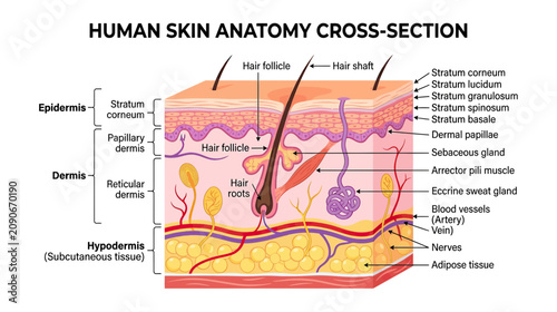 Human Skin Anatomy Cross-Section Diagram: Epidermis, Dermis, Hypodermis, Hair Follicle