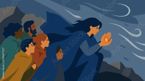 Brave leader shielding a small flame from fierce wind while guiding diverse group through dark rocky storm, hope resilience teamwork vector illustration for crisis and change management