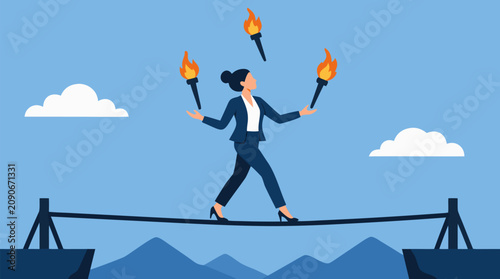 Determined businesswoman juggling flaming torches while crossing a narrow balance beam above mountains, bold risk management and multitasking leadership vector illustration for corporate pressure