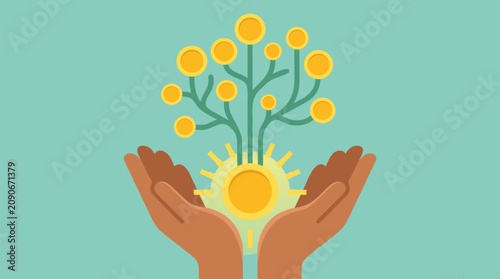 Hands nurturing a glowing coin money tree vector illustration with golden currency leaves, branching growth, savings, investment and sustainable financial prosperity concept for wealth planning goals