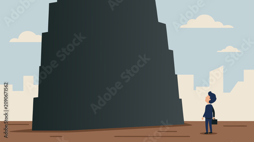 Business obstacle vector illustration of tiny executive facing enormous dark wall, daunting challenge, fear, ambition and strategy concept with city skyline and dramatic scale perspective