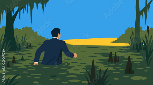 Determined businessman wading waist deep through murky swamp toward bright solid land, a bold vector metaphor for overcoming obstacles, crisis navigation, resilience, and career success