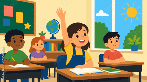 Eager schoolgirl raising her hand in a bright sunny classroom, cheerful diverse children at desks with books, globe and bulletin board, engaging vector education illustration for back to school