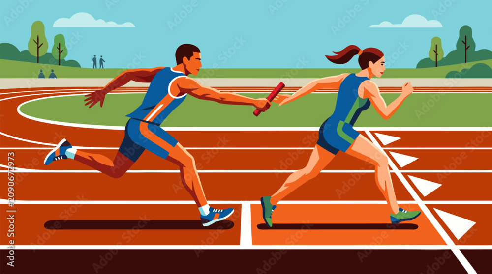 Fototapeta premium Dynamic vector illustration of relay runners in a precise baton exchange on a red track, capturing speed, teamwork, competition, motion, and athletic focus at the critical handoff zone