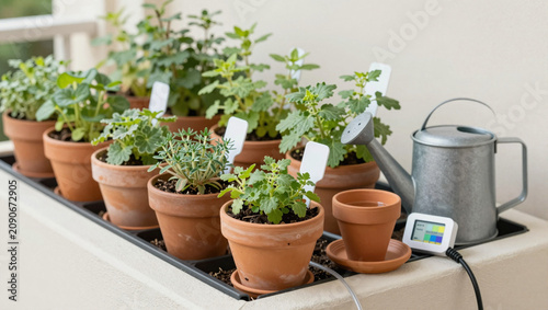 Waterwise balcony herb garden with drip tubing and terracotta pots