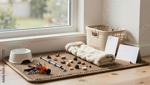 Indoor pet enrichment station with puzzle toy and snuffle mat