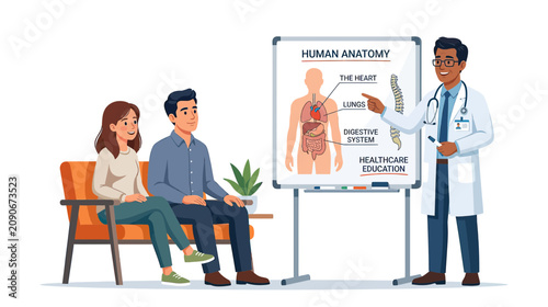 Schilderij op canvas Doctor Explaining Human Anatomy To Couple In Clinic
