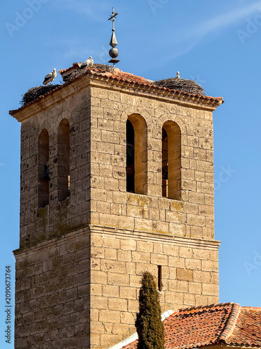 White storks nesting on the roof of a stone church bell tower. Valdeprados, Spain