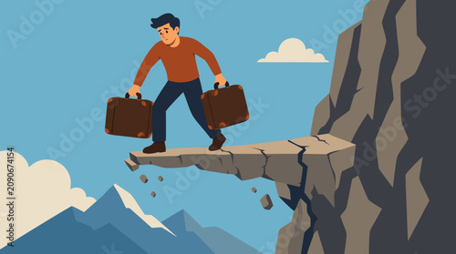 Stressed traveler carrying two heavy suitcases balances on a narrow crumbling cliff ledge, bold vector metaphor for risk, uncertainty, pressure, difficult choices and career transition