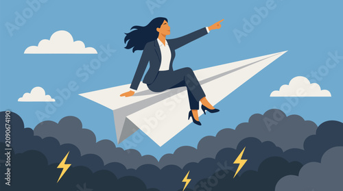 Confident businesswoman riding a giant paper plane above stormy gray clouds and lightning, pointing toward blue sky, bold vector metaphor for leadership, ambition, resilience, and success