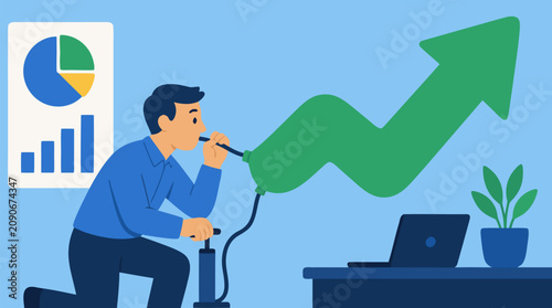 Business analyst inflating a giant green arrow balloon beside charts and laptop, profit growth, financial optimism, market strategy and startup success concept vector illustration design