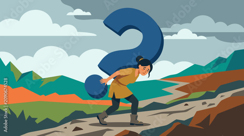 Weary woman carrying an enormous question mark like a crushing burden on a rocky mountain path, expressive vector concept for doubt, confusion, anxiety, choices and mental pressure