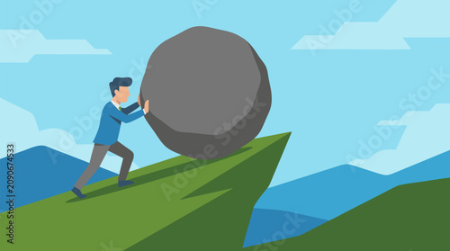Determined businessman pushing a massive boulder toward a steep downhill cliff in flat vector style, dramatic challenge, risk, pressure and problem solving concept for business strategy visuals