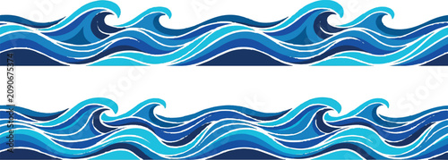 Horizontal repeating blue ocean wave graphic border with a stylized illustration of blue ocean waves organized