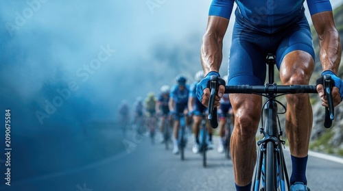 A professional road cyclist leading a fast-moving peloton during a championship race, captured in an intense moment of high-speed competition on a scenic open road.