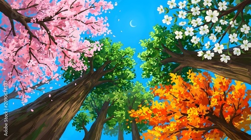 Four seasons trees view looking up at blue sky