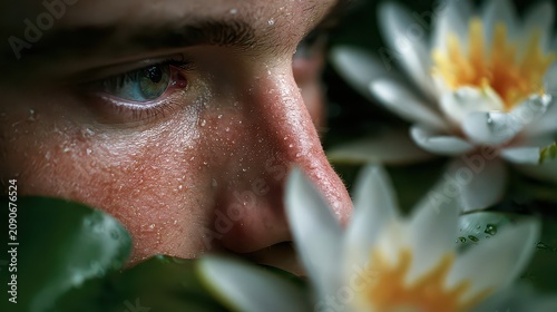 Close-Up of Person's Face Surrounded by Water Lilies and Leaves