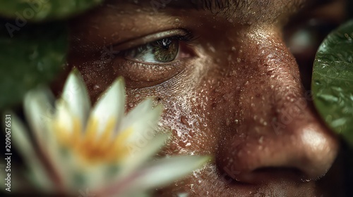 Close-up of a Person's Face Surrounded by Water Lily and Leaves