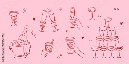 Celebration vibes: elegant drinks and glassware on pastel pink Whimsical illustration