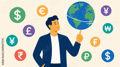 Confident startup founder spinning a world globe amid colorful dollar, euro, yen and currency icons, global finance, entrepreneurship and international business growth vector illustration concept