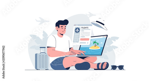 Man booking travel online, planning vacation with laptop, suitcase nearby
